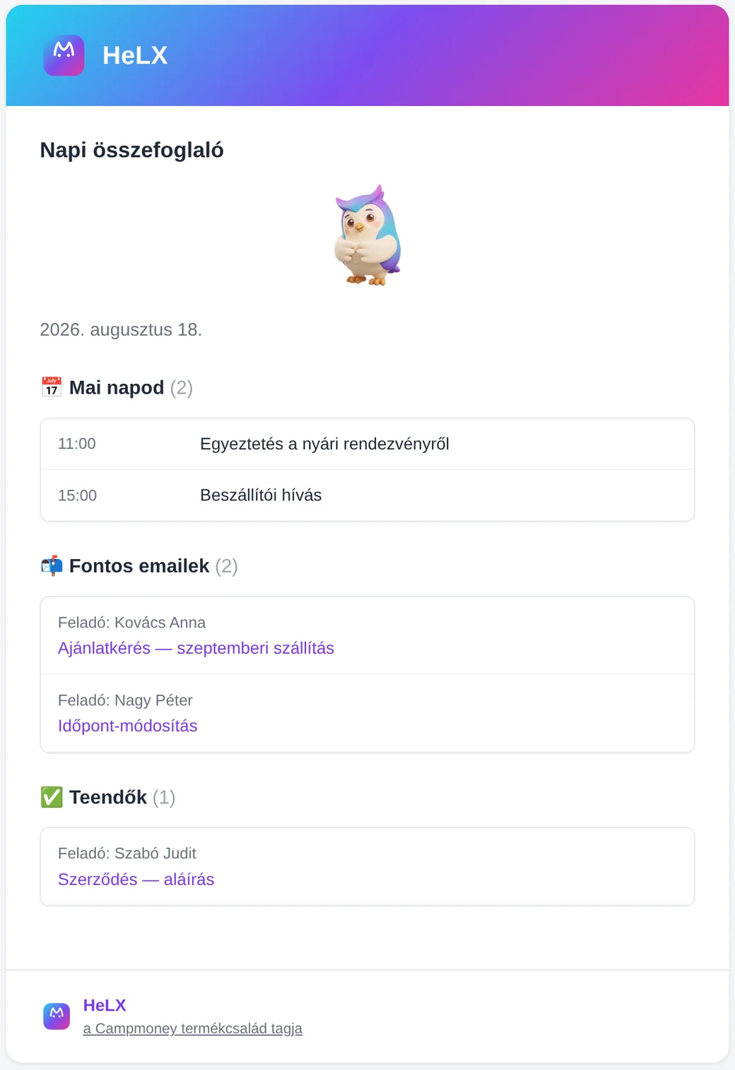 A HeLX napi összefoglaló levele